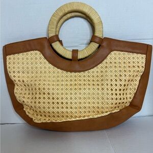 Universal Thread Beige Woven Rattan Tote with Brown Trim